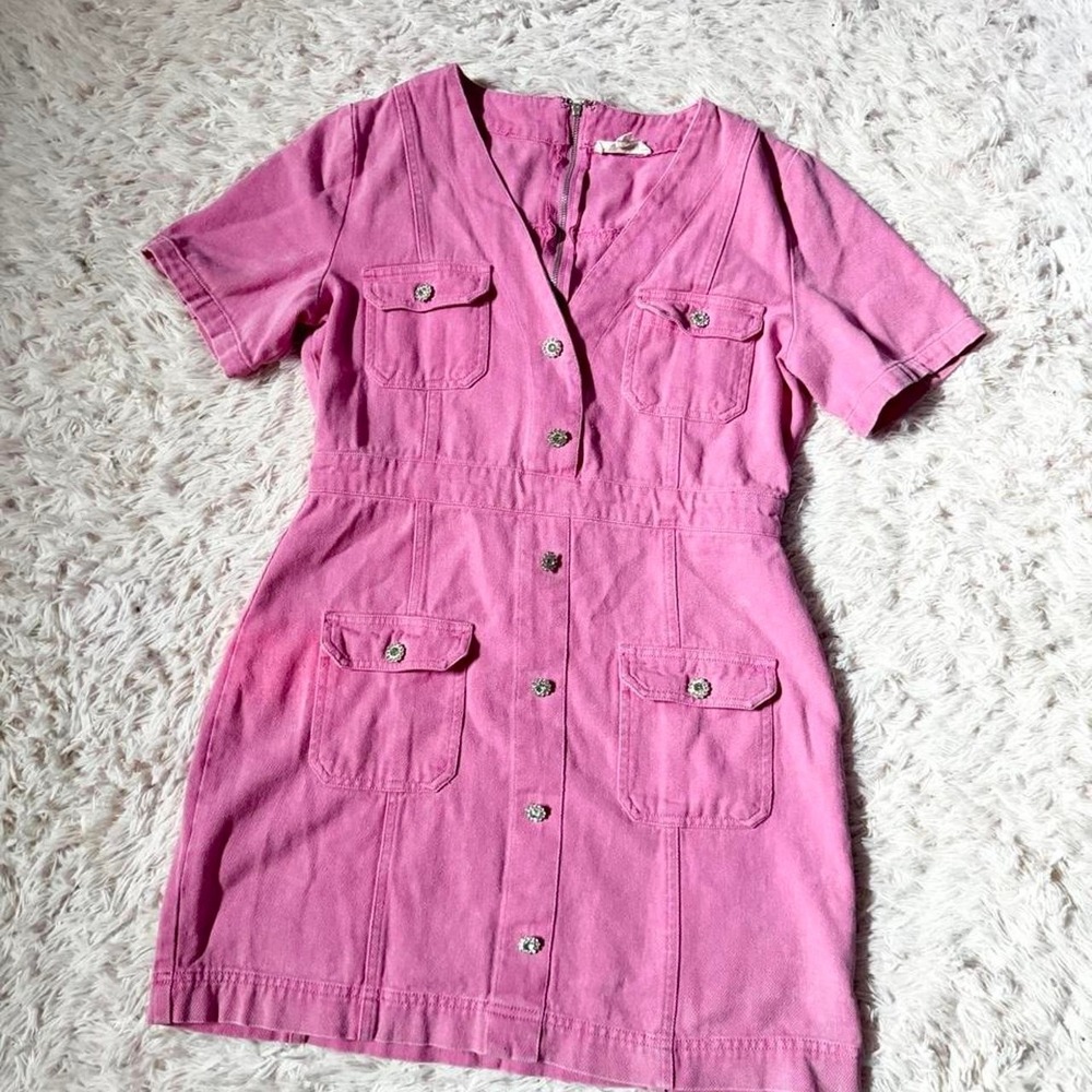 Hot Pink Utility Cargo Barbie Core Playful Teacher Denim Dress Womens L Quirky